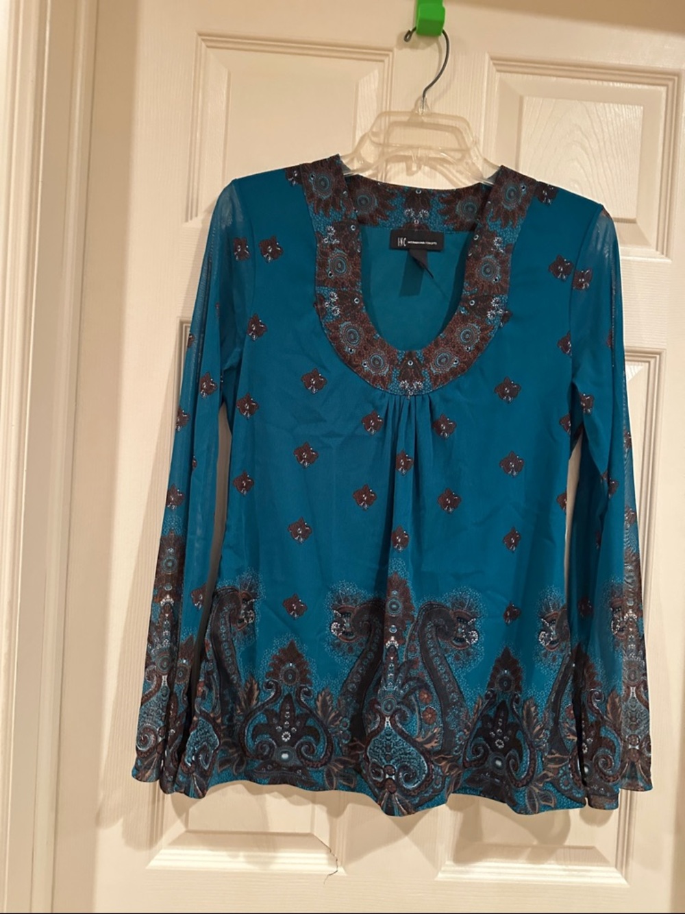 INC International Concepts Teal Paisley-Print Long Sleeve Top
